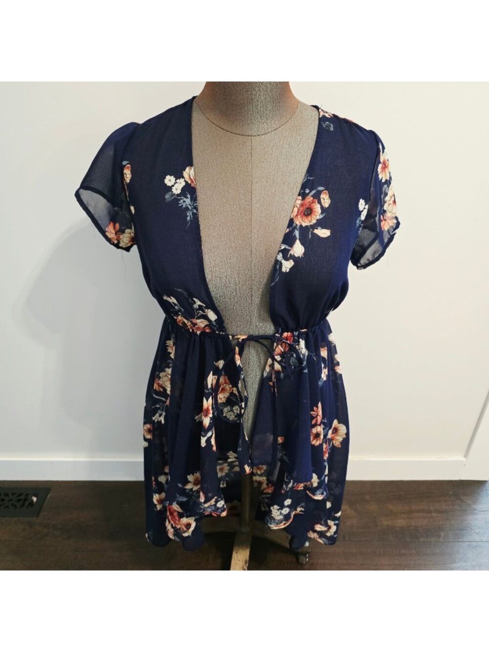 Boho Blue Floral Sheer Chic Kimono Cardig​an Cover up Flutter Sleeve Sz M